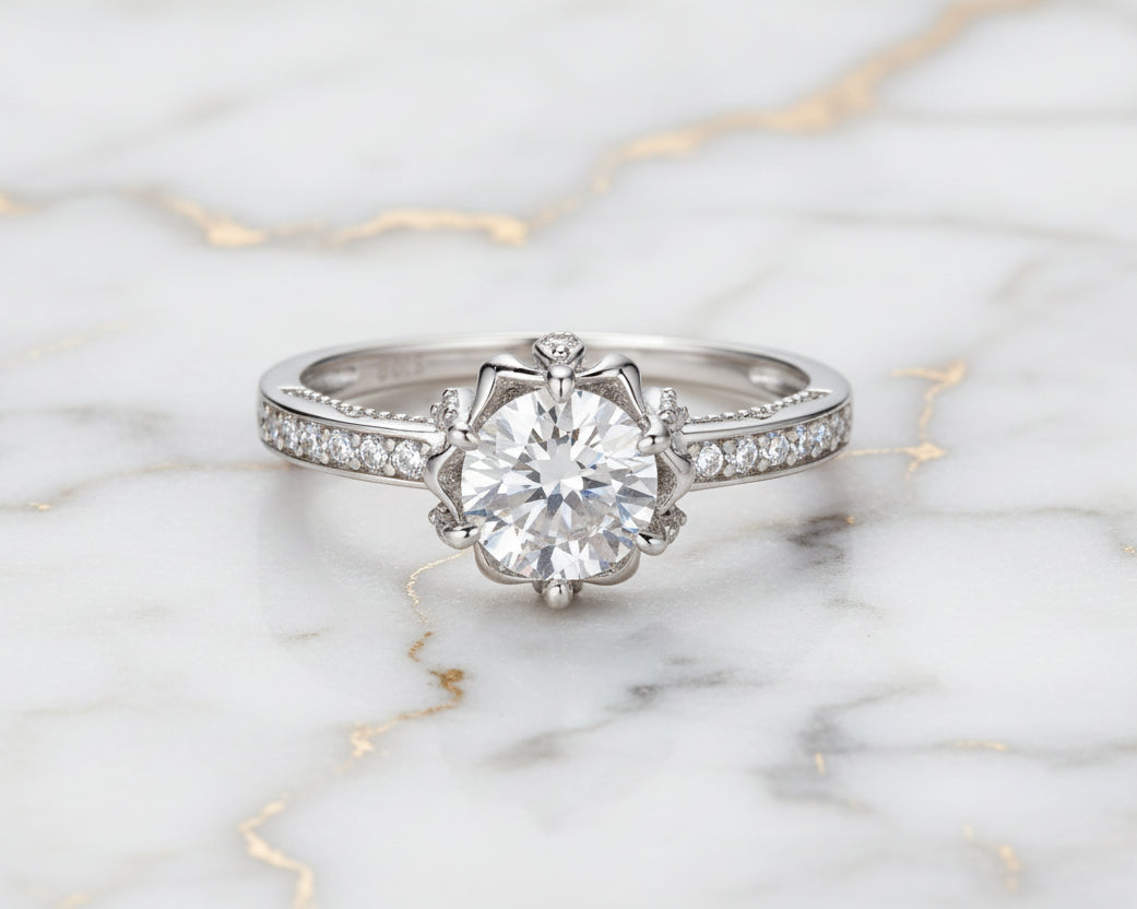Celestial Bloom Silver Ring with Moissanite