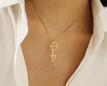 Vertical Name with Birthstone Gold-plated Necklace