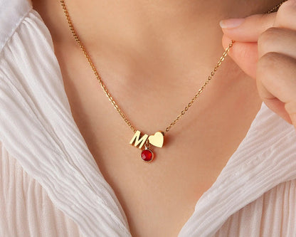 Initial & Heart with Birthstone Gold-plated Necklace