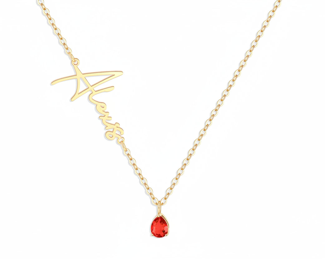 Sideways Name with Birthstone Gold-plated Necklace