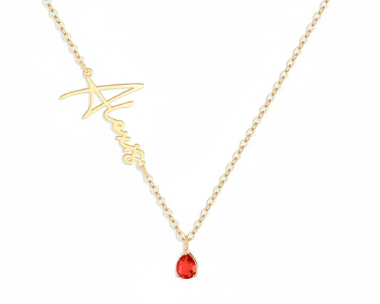 Sideways Name with Birthstone Gold-plated Necklace