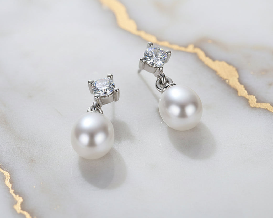 Majestia White-gold plated Pearl Earrings with Moissanites