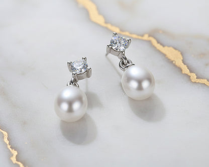 Majestia White-gold plated Pearl Earrings with Moissanites