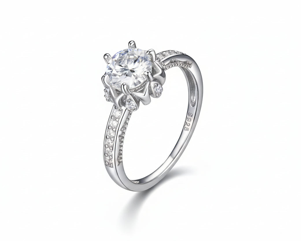 Celestial Bloom Silver Ring with Moissanite