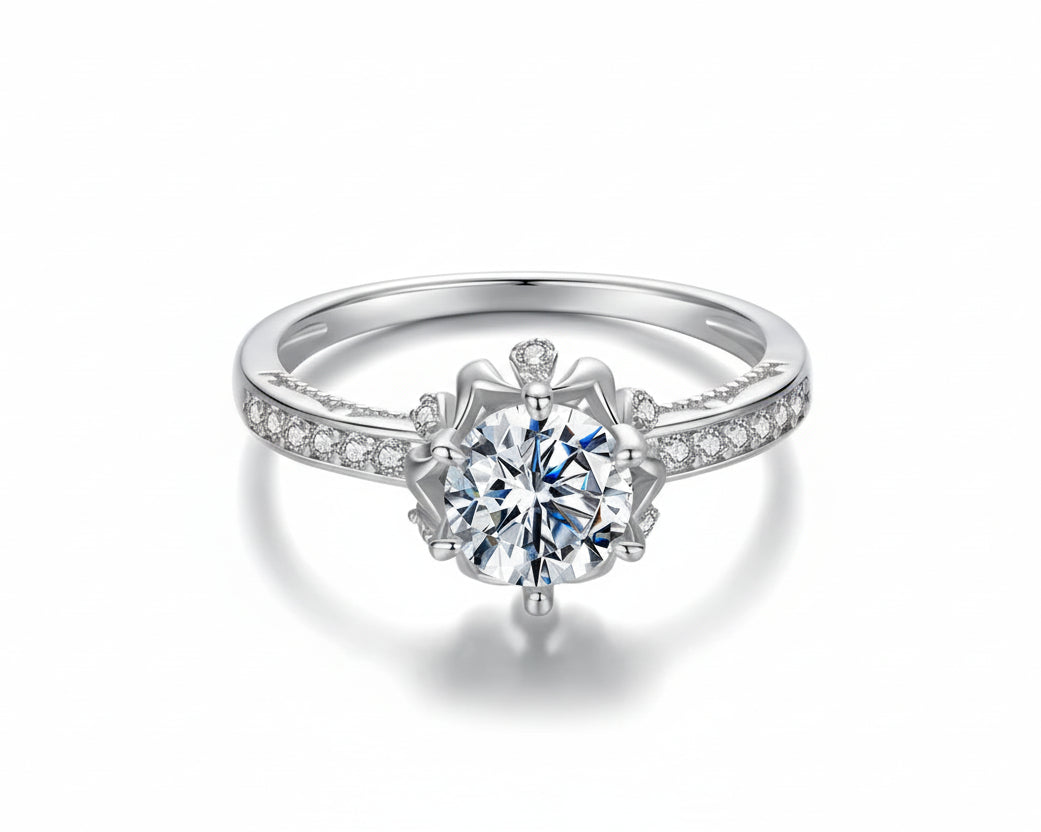 Celestial Bloom Silver Ring with Moissanite