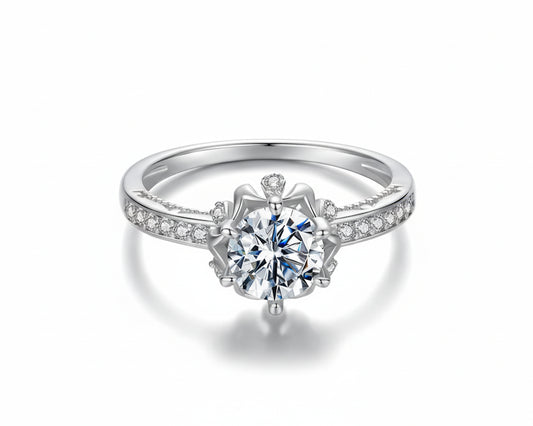 Celestial Bloom Silver Ring with Moissanite